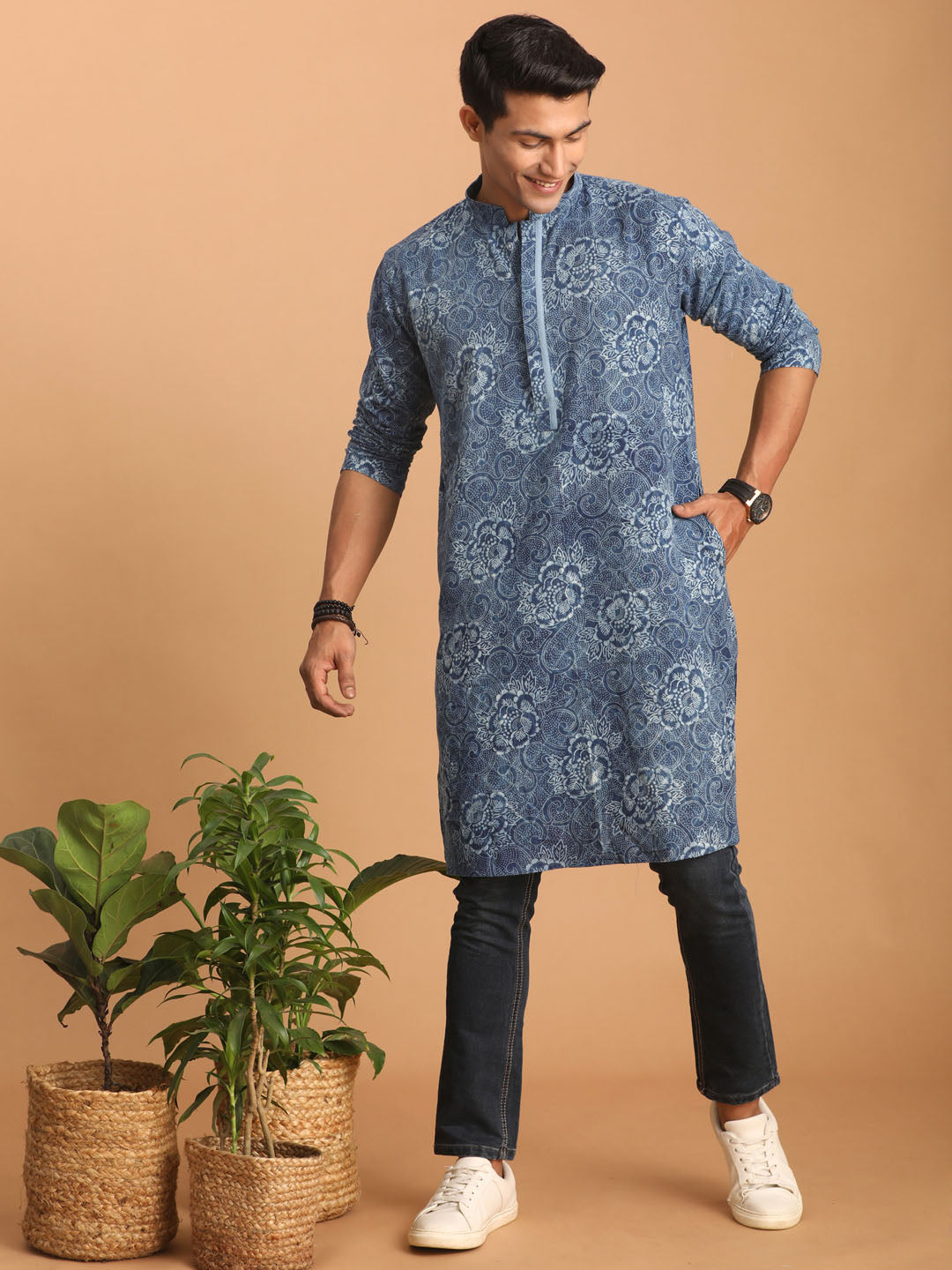 vastramay mens blue dot printed denim kurta