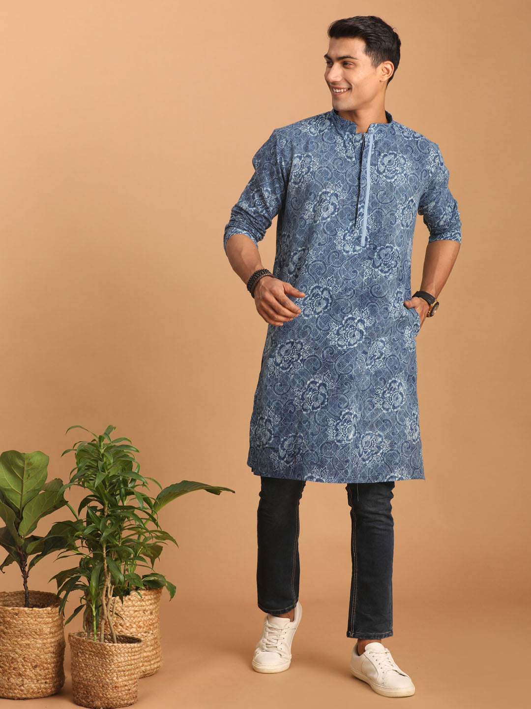 vastramay mens blue dot printed denim kurta