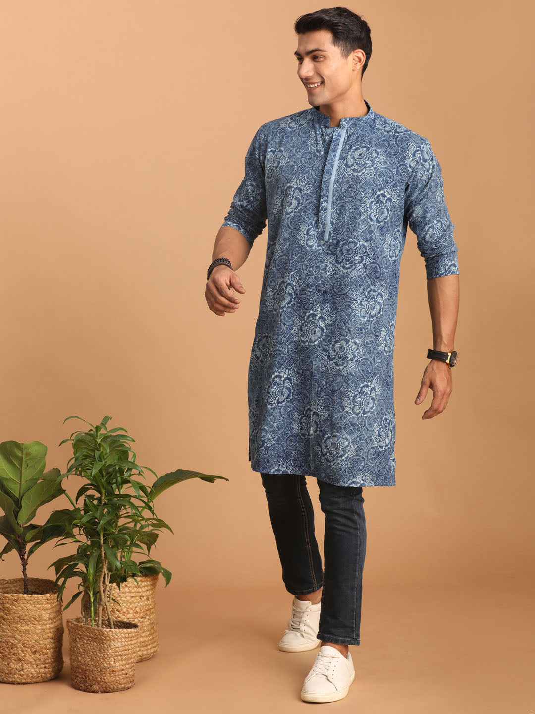 vastramay mens blue dot printed denim kurta