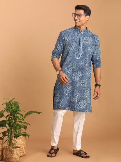 vastramay mens blue dot printed denim kurta with white pant set