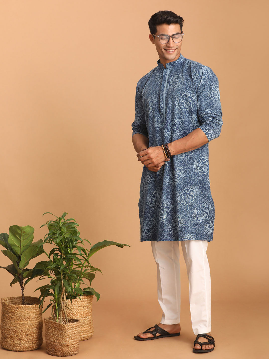 vastramay mens blue dot printed denim kurta with white pant set