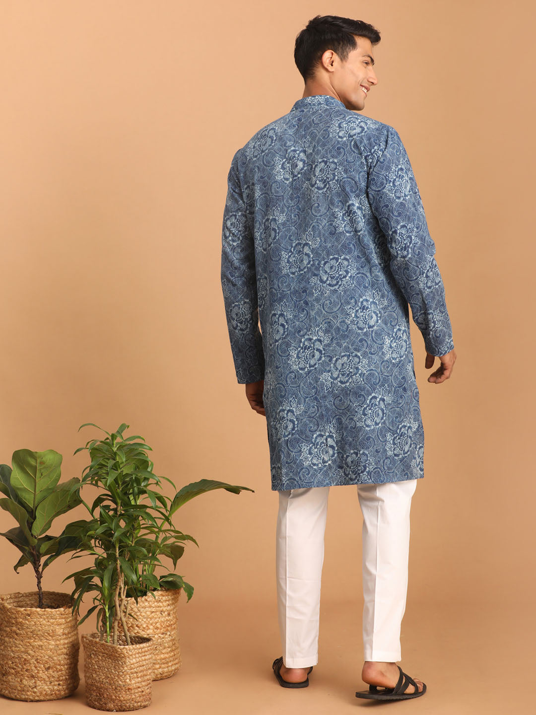 vastramay mens blue dot printed denim kurta with white pant set