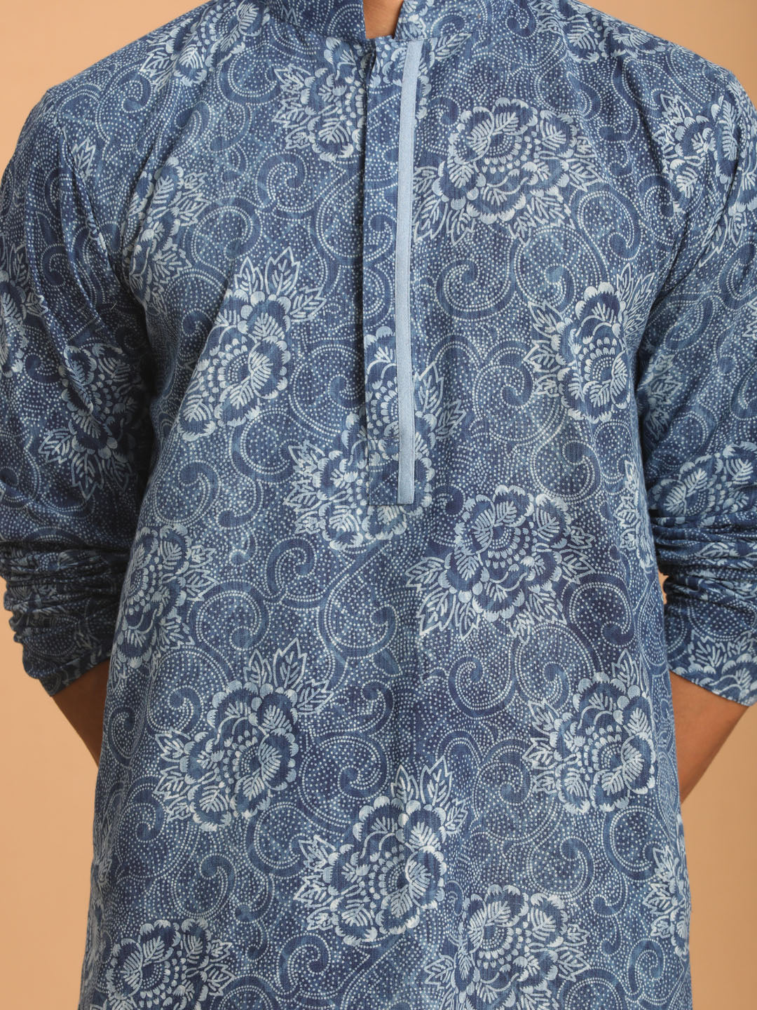 vastramay mens blue dot printed denim kurta with white pant set