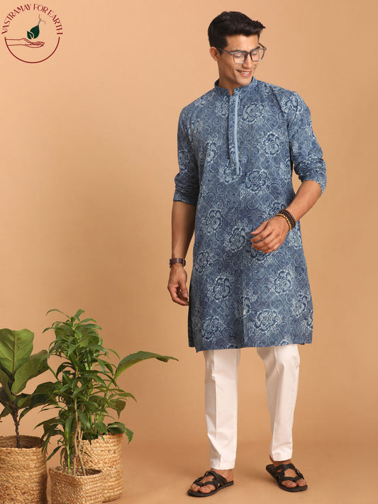 vastramay mens blue dot printed denim kurta with white pant set