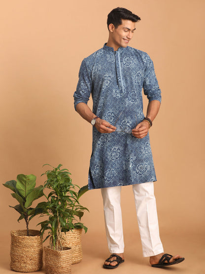 vastramay mens blue dot printed denim kurta with white pant set