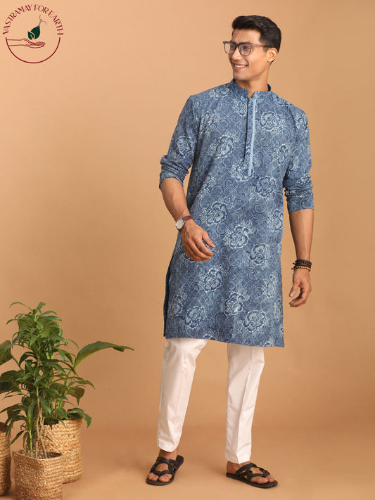vastramay mens blue dot printed denim kurta with white pant set 2