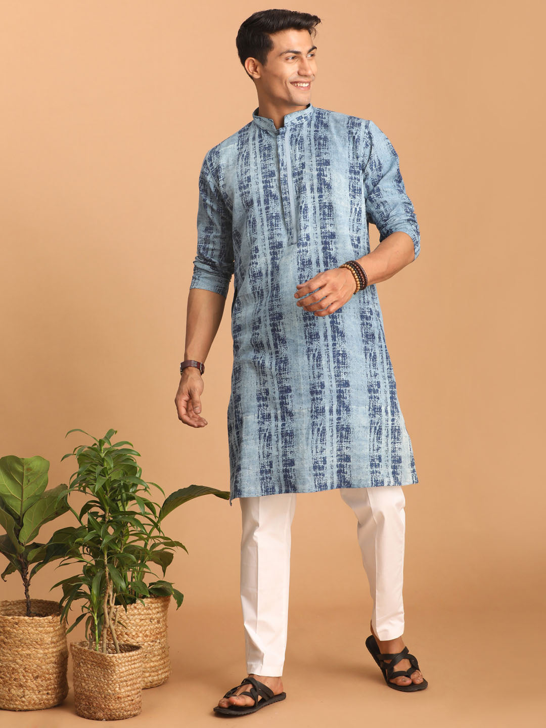 vastramay mens washable denim kurta with white pant set