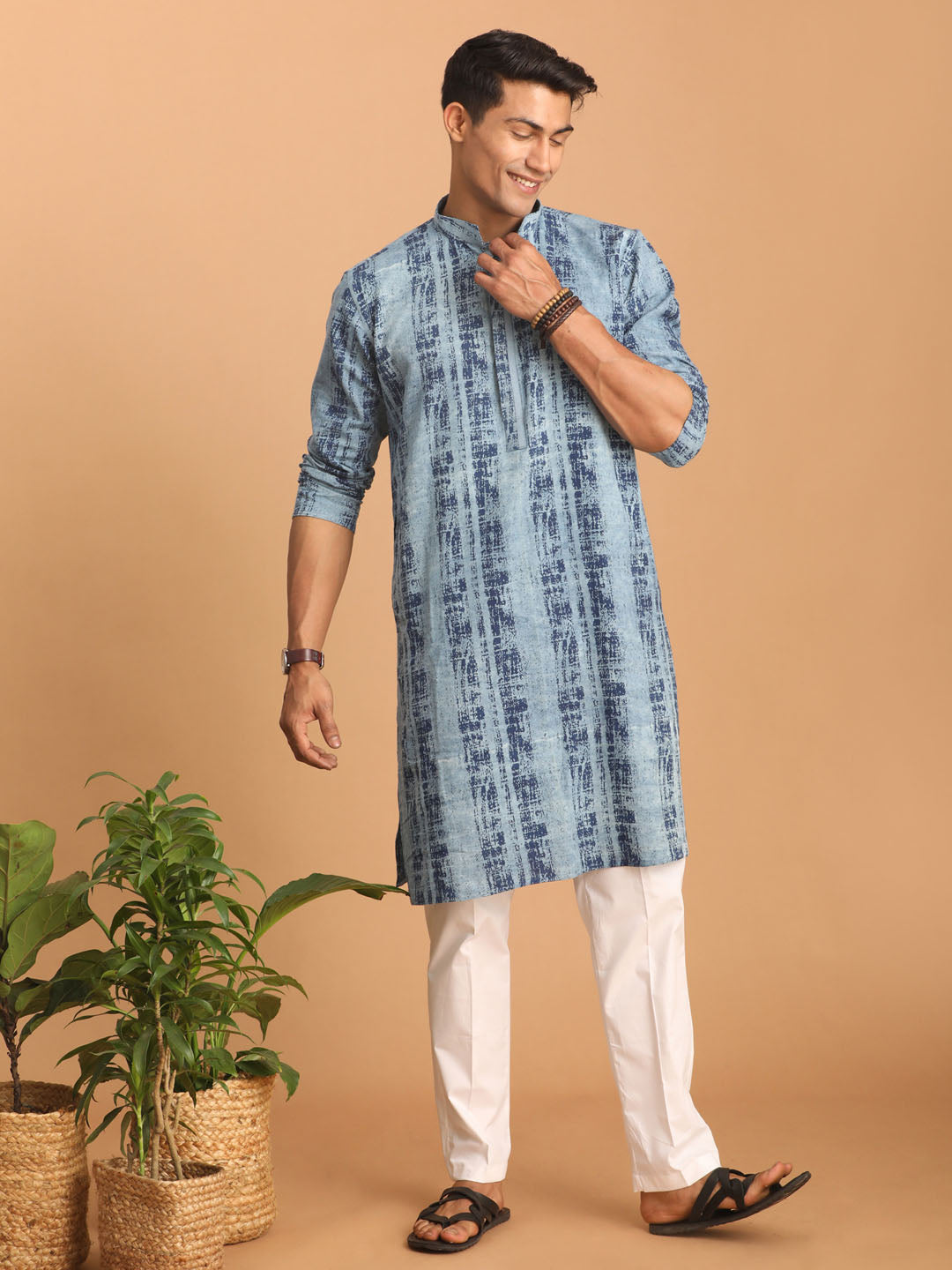 vastramay mens washable denim kurta with white pant set