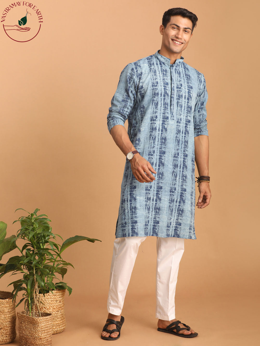 vastramay mens washable denim kurta with white pant set