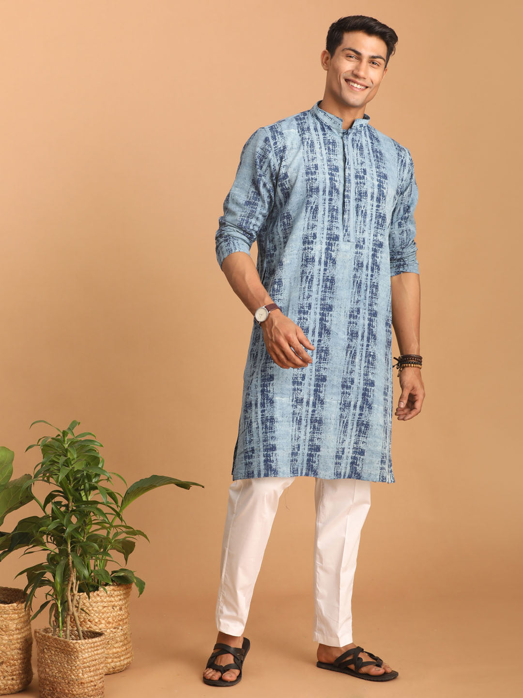 vastramay mens washable denim kurta with white pant set 1