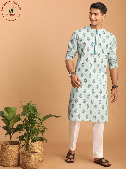 vastramay mens light green ethnic motif printed kurta with white pant set