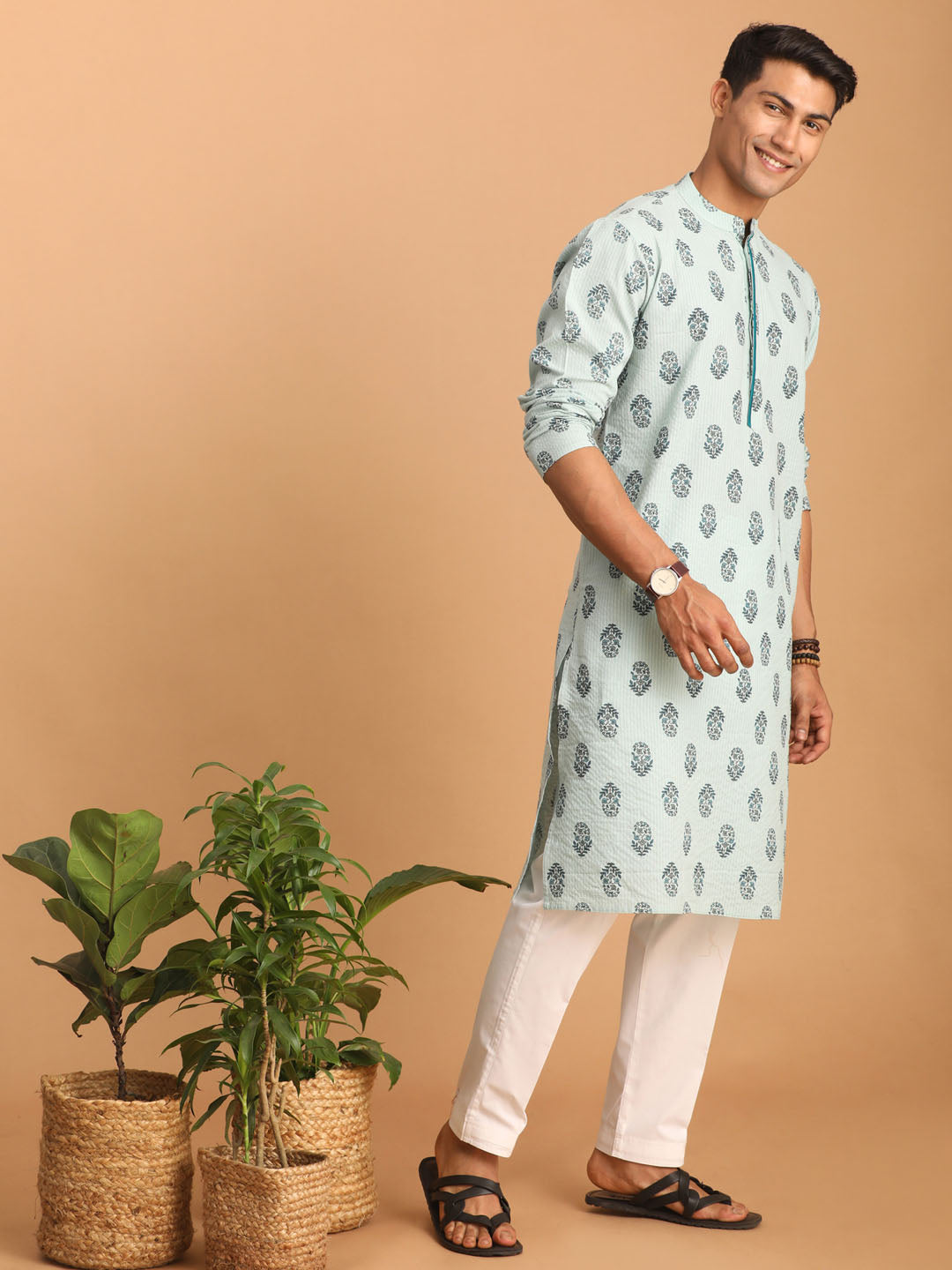 vastramay mens light green ethnic motif printed kurta with white pant set 1