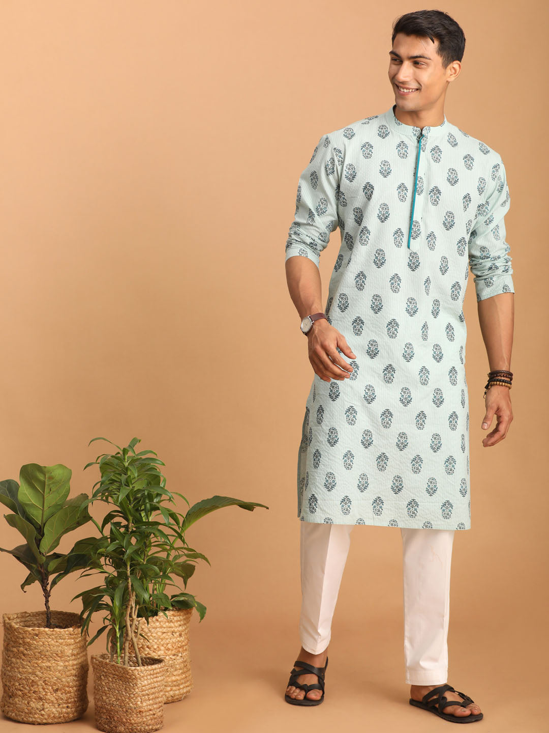 vastramay mens light green ethnic motif printed kurta with white pant set 2