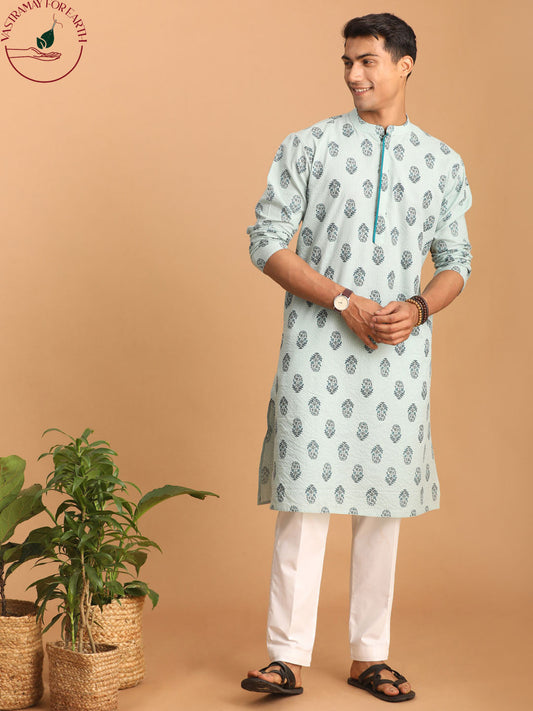 vastramay mens light green ethnic motif printed kurta with white pant set 2