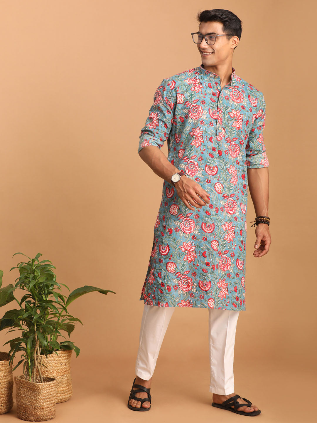 vastramay mens blue and red floral printed cotton kurta with white pant set