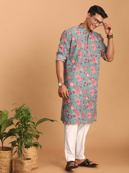 vastramay mens blue and red floral printed cotton kurta with white pant set