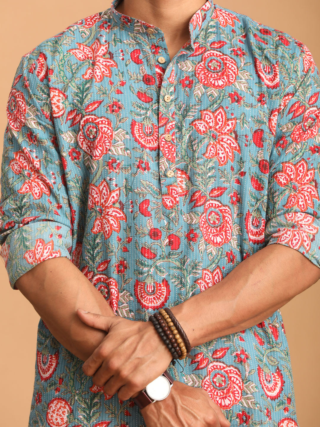 vastramay mens blue and red floral printed cotton kurta with white pant set