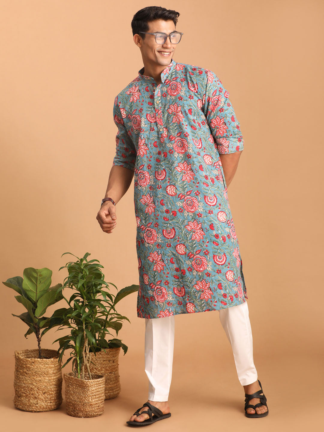 vastramay mens blue and red floral printed cotton kurta with white pant set