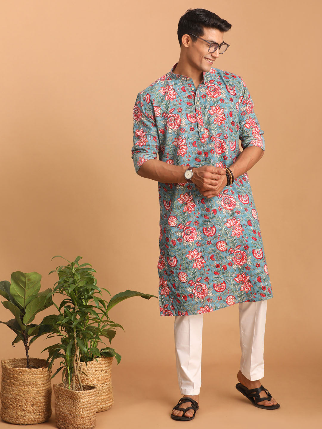 vastramay mens blue and red floral printed cotton kurta with white pant set
