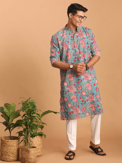 vastramay mens blue and red floral printed cotton kurta with white pant set