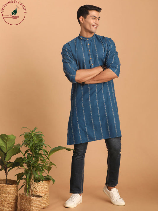 vastramay mens blue denim jacquard kurta