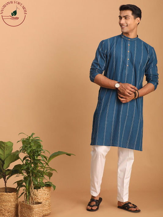 vastramay mens blue denim jacquard kurta with white pant set