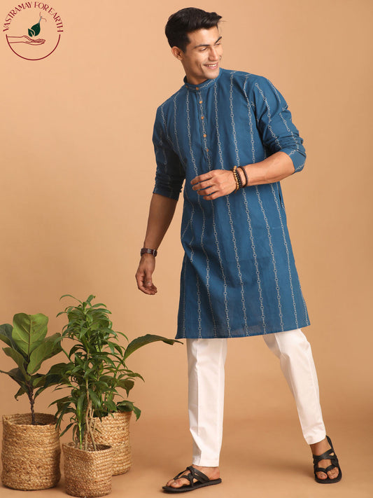 vastramay mens blue denim jacquard kurta with white pant set 1