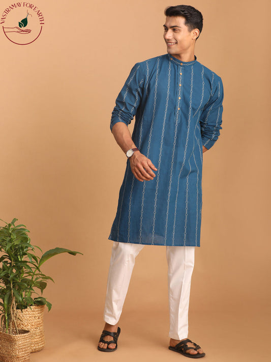 vastramay mens blue denim jacquard kurta with white pant set 2