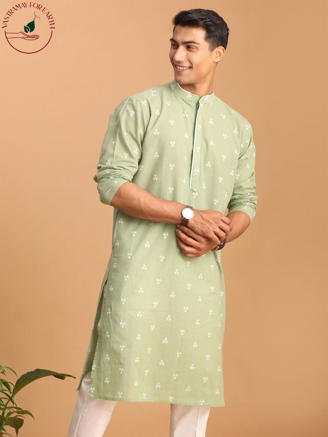 vastramay mens green geometric booti jacquard kurta