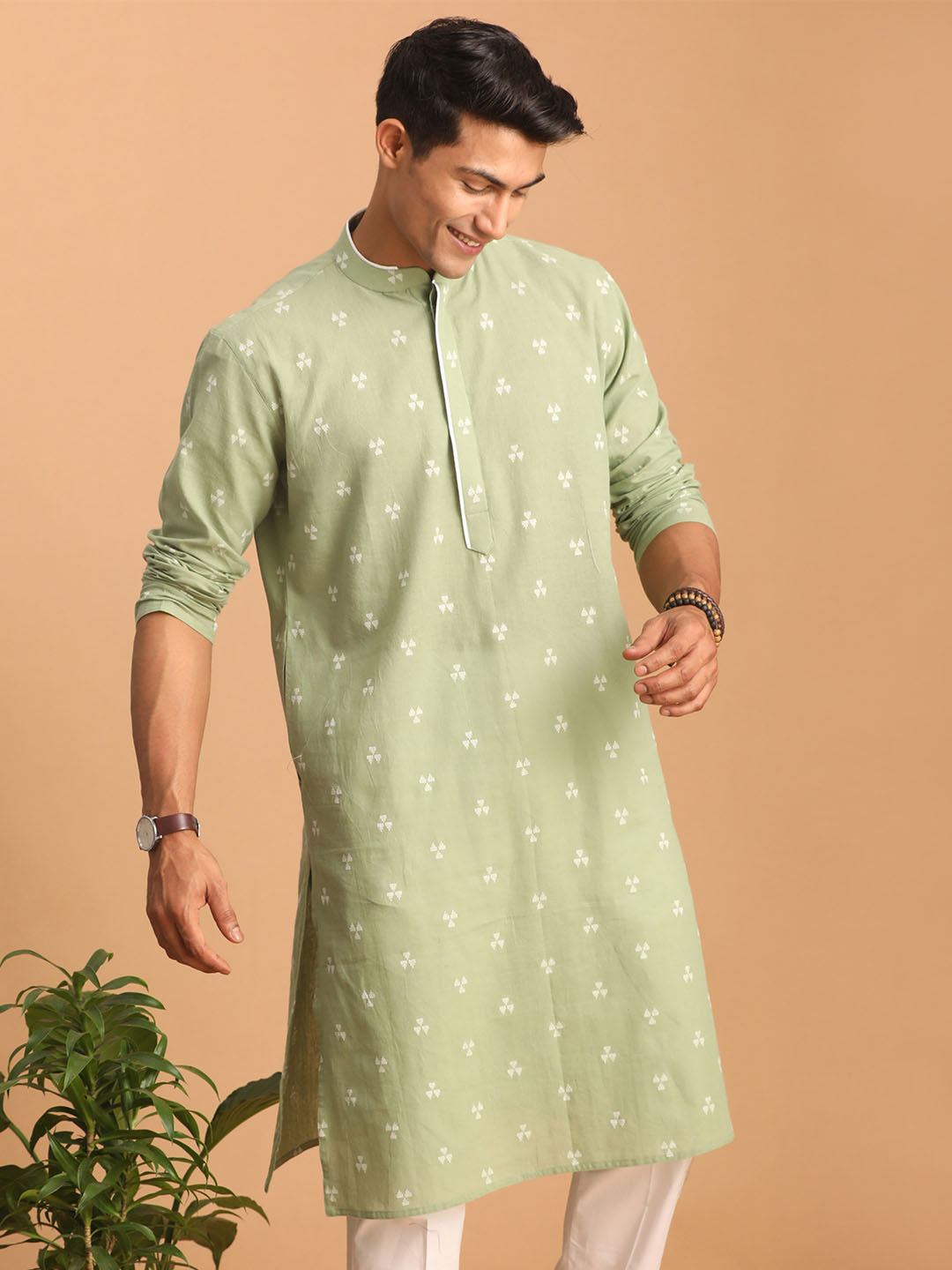 vastramay mens green geometric booti jacquard kurta