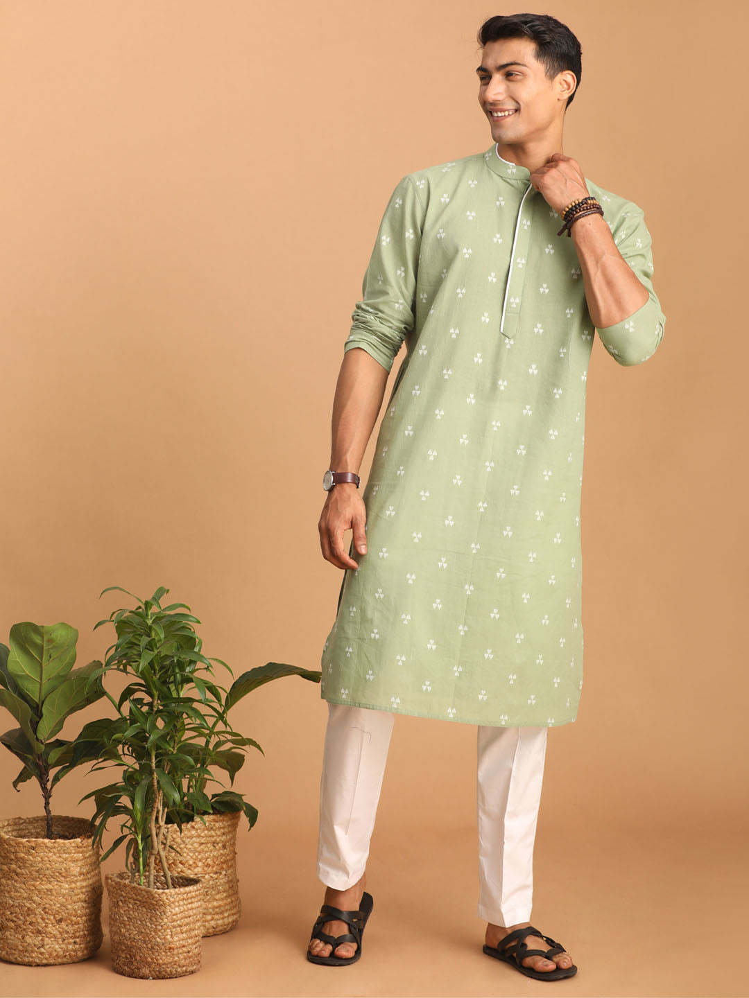 vastramay mens green geometric booti jacquard kurta with white pant set 1