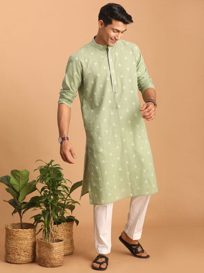 vastramay mens green geometric booti jacquard kurta with white pant set 1