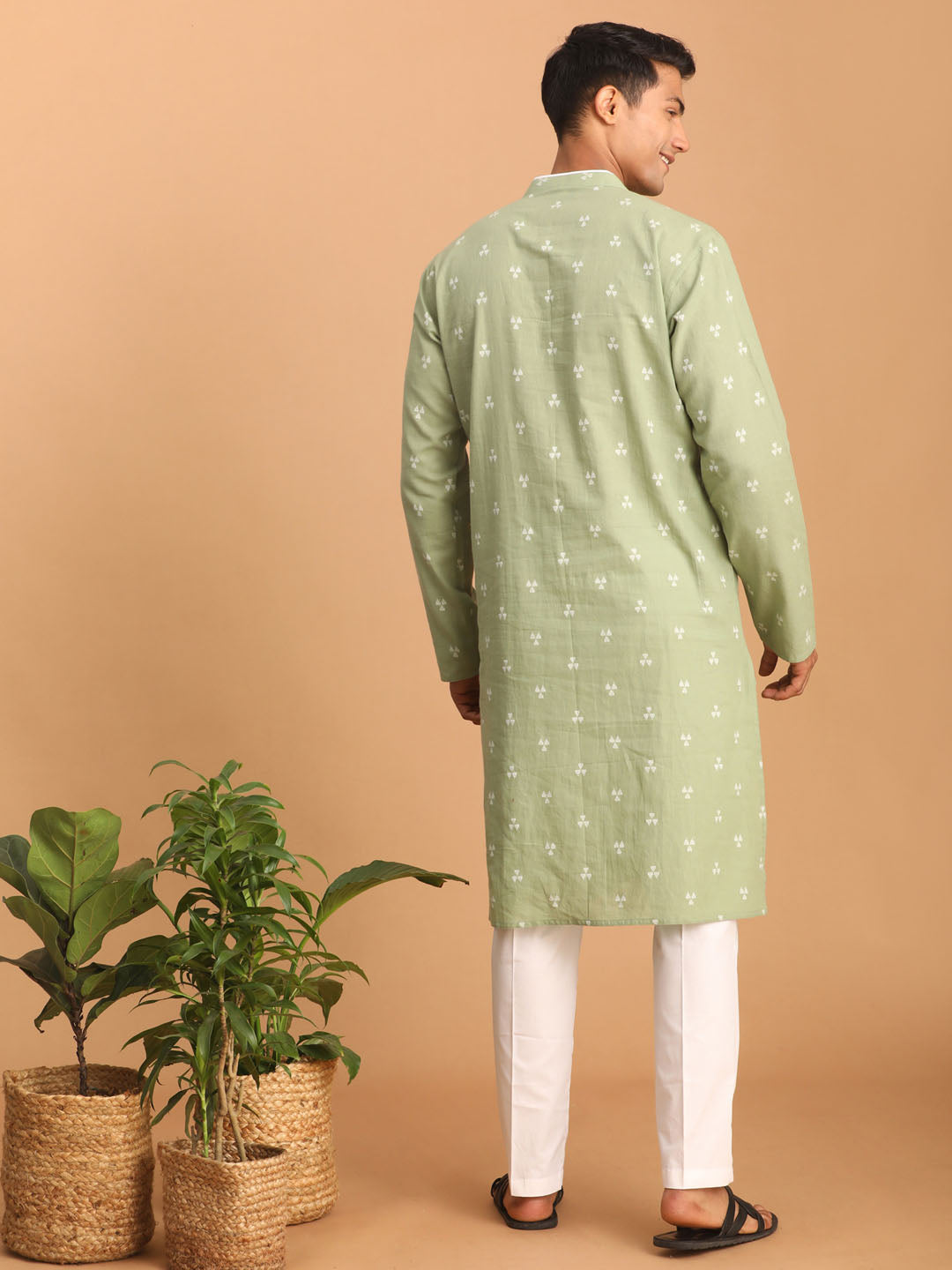 vastramay mens green geometric booti jacquard kurta with white pant set 1