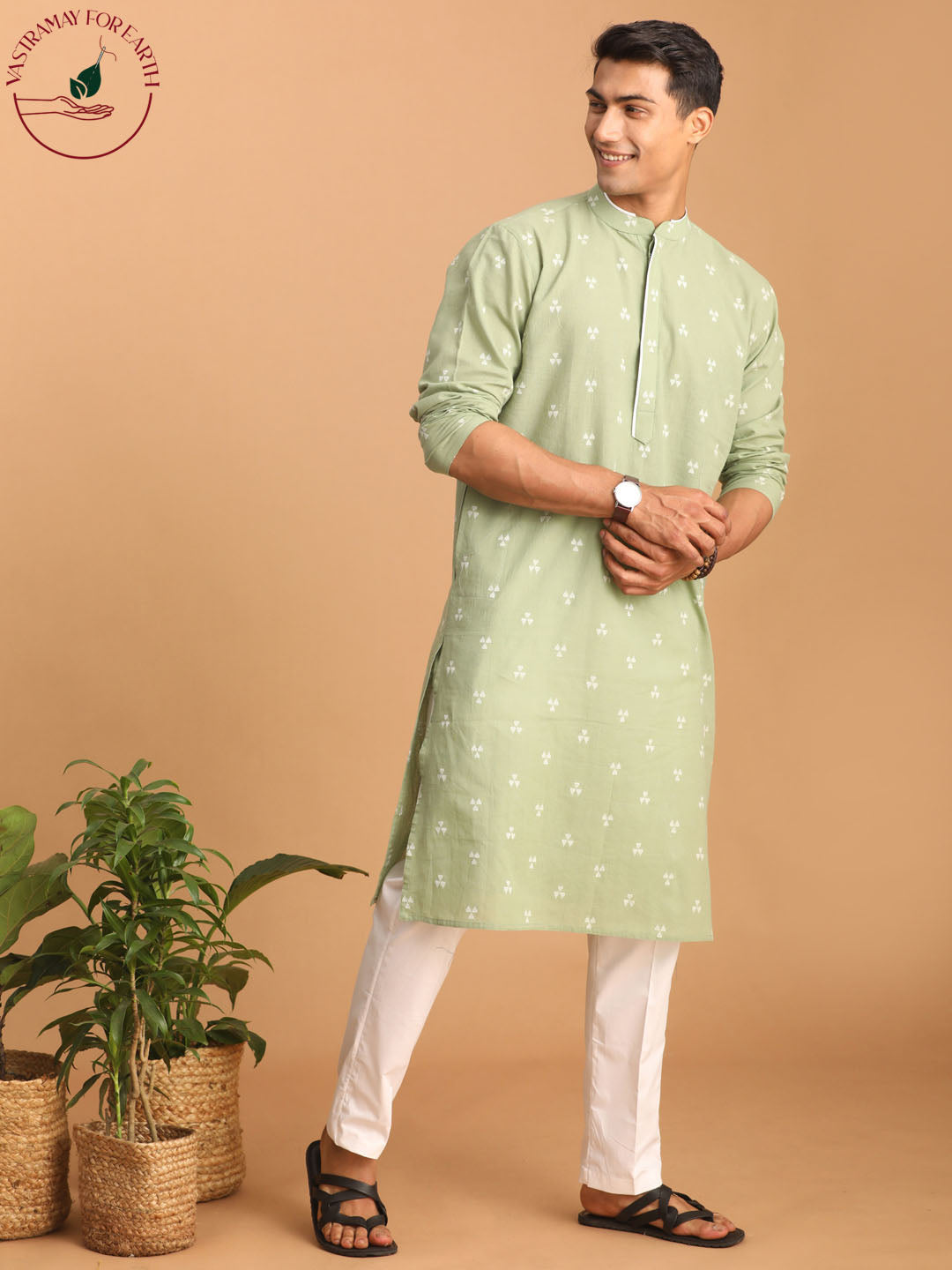 vastramay mens green geometric booti jacquard kurta with white pant set 1