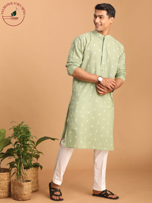 vastramay mens green geometric booti jacquard kurta with white pant set 2