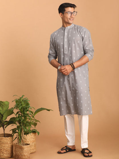 vastramay mens grey geometric boota jacquard kurta