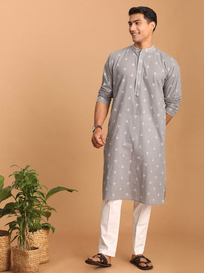 vastramay mens grey geometric booti jacquard kurta with white pant set