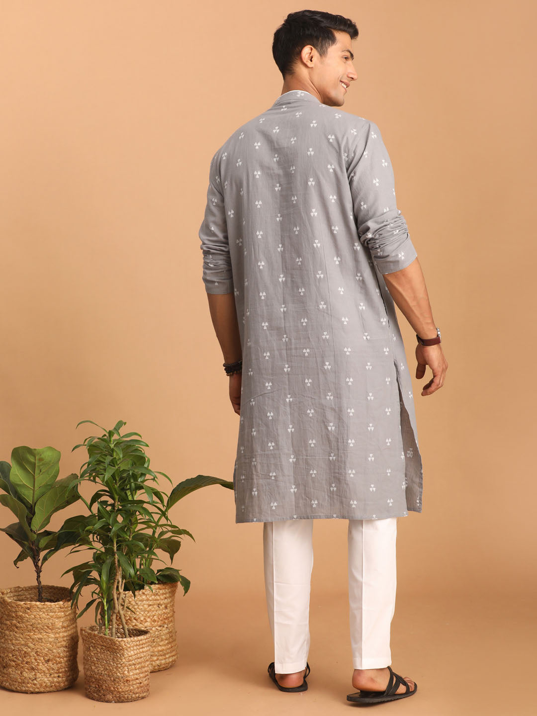 vastramay mens grey geometric booti jacquard kurta with white pant set