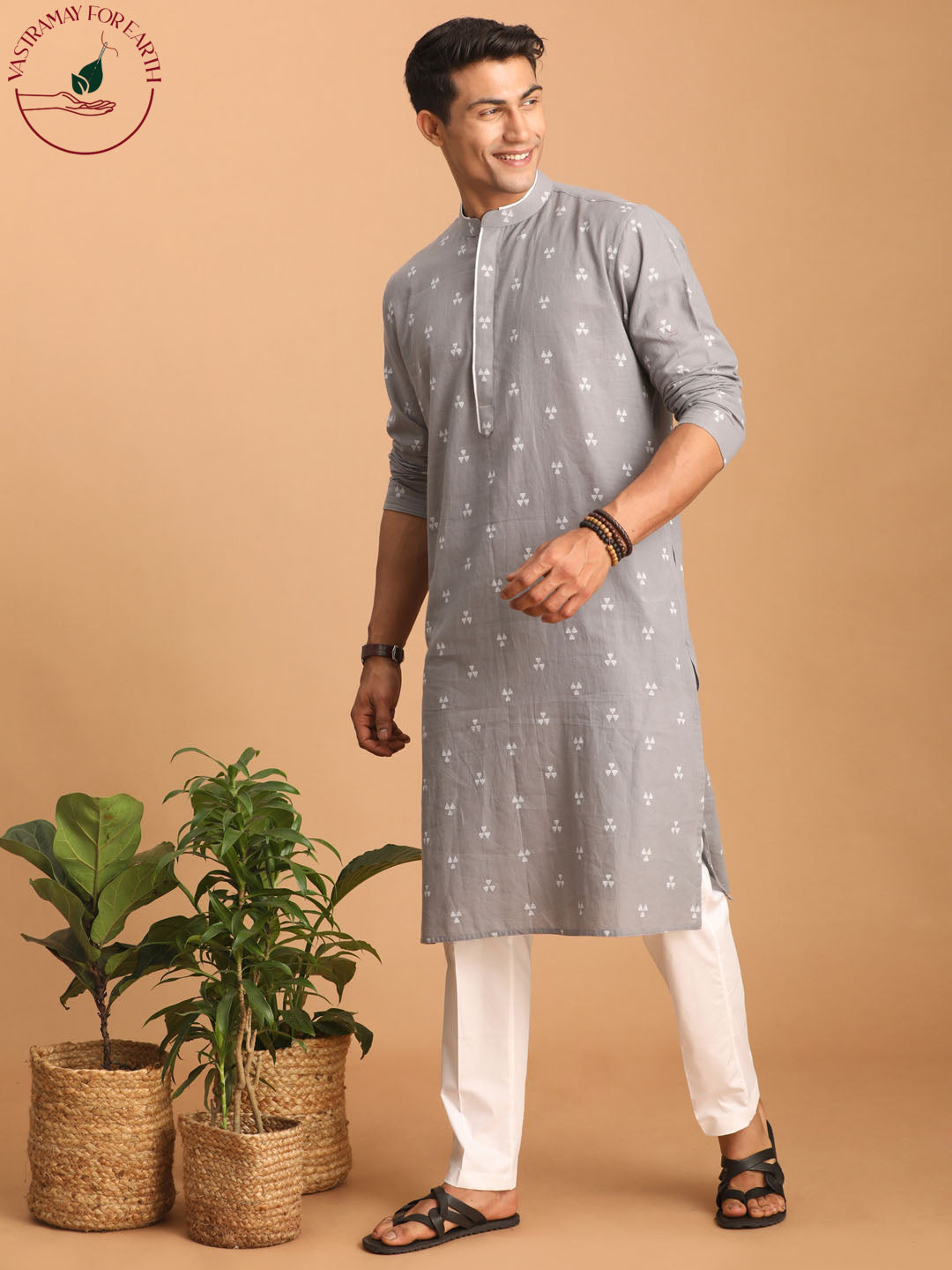 vastramay mens grey geometric booti jacquard kurta with white pant set