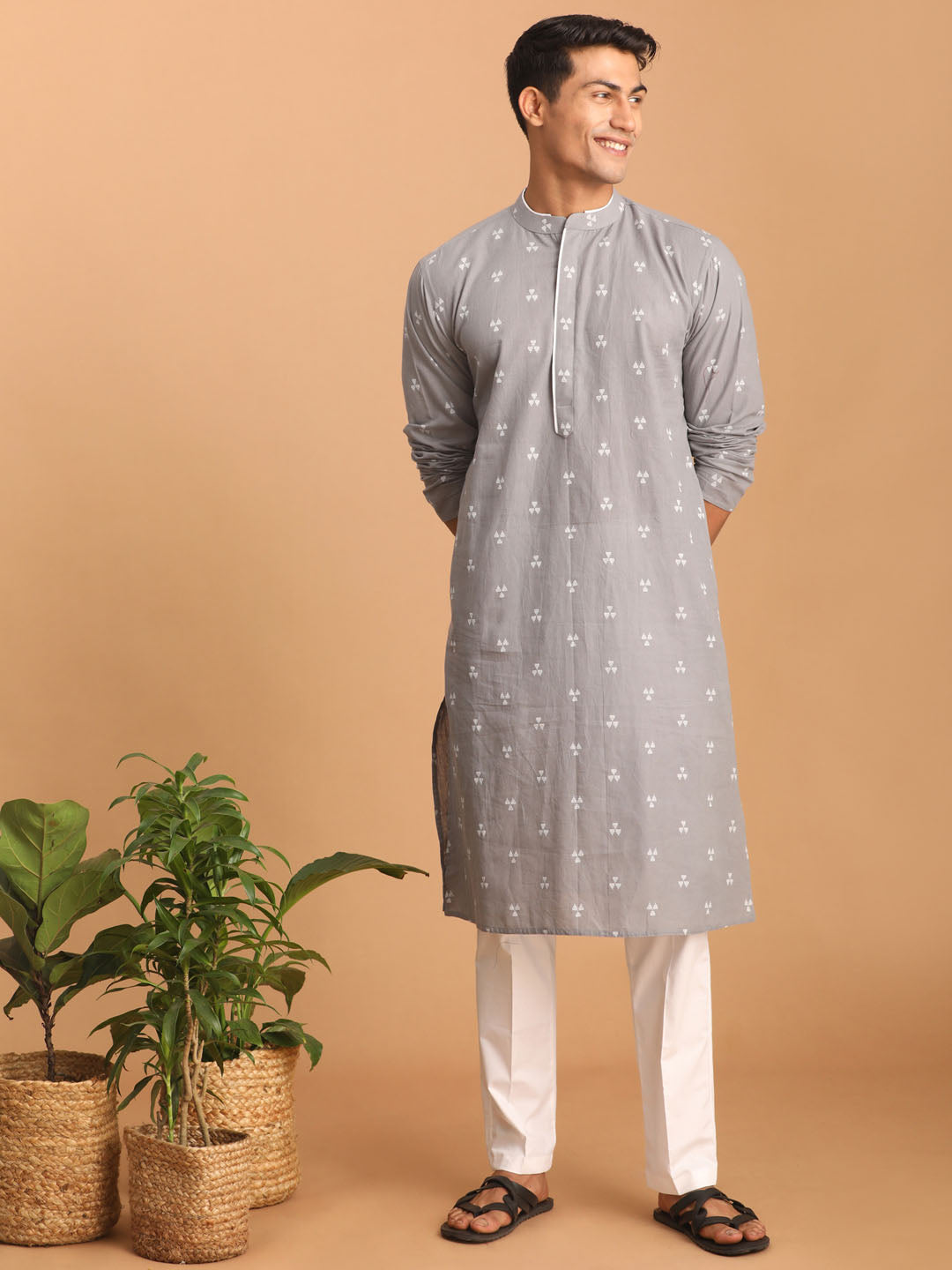 vastramay mens grey geometric booti jacquard kurta with white pant set