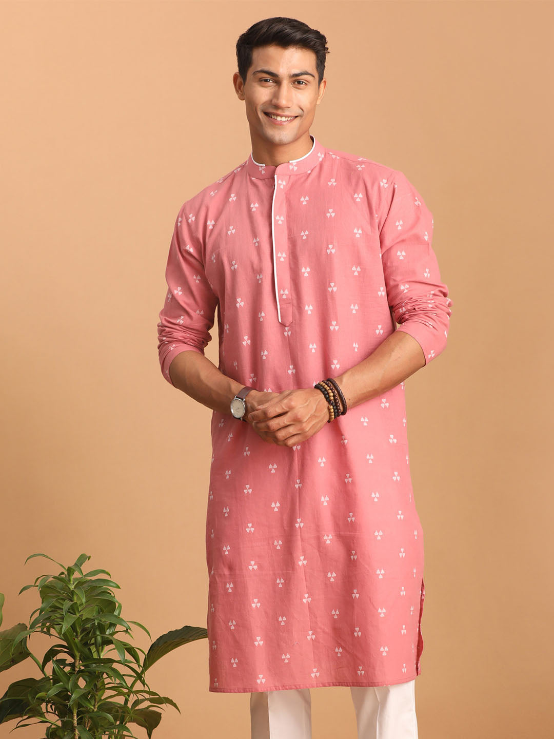 vastramay mens pink geometric booti jacquard kurta