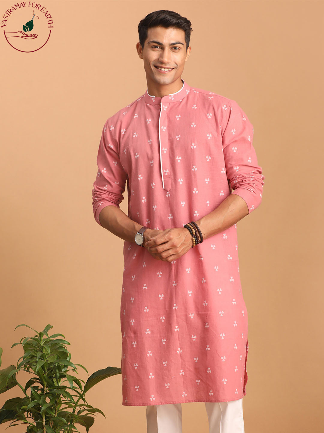 vastramay mens pink geometric booti jacquard kurta