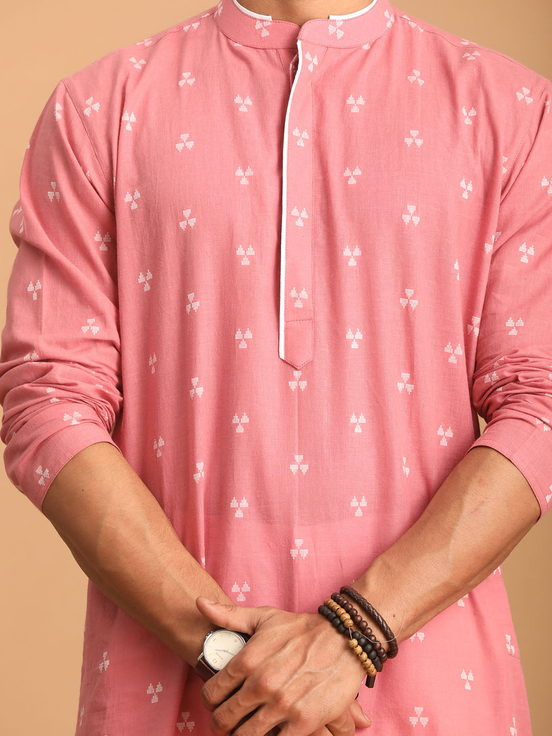 vastramay mens pink geometric booti jacquard kurta