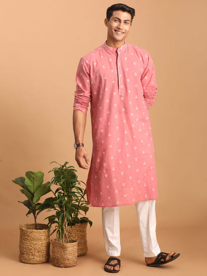 vastramay mens pink geometric booti jacquard kurta