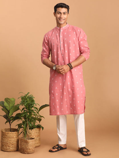 vastramay mens pink geometric booti jacquard kurta with white pant set