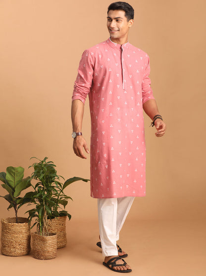 vastramay mens pink geometric booti jacquard kurta with white pant set