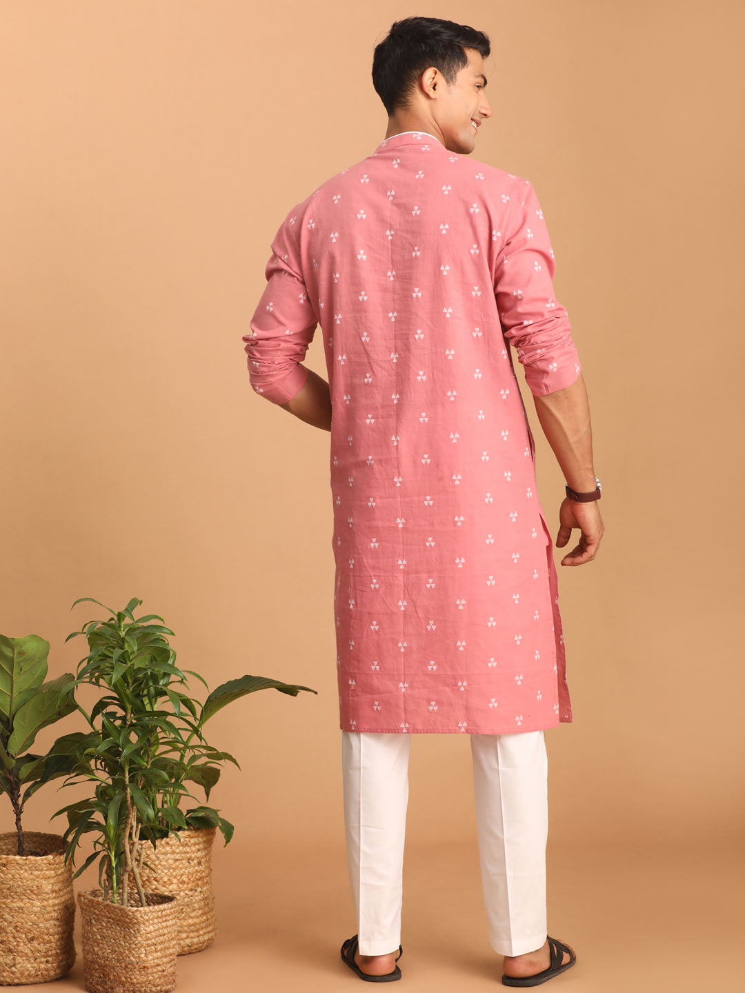 vastramay mens pink geometric booti jacquard kurta with white pant set