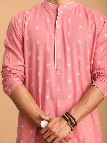 vastramay mens pink geometric booti jacquard kurta with white pant set