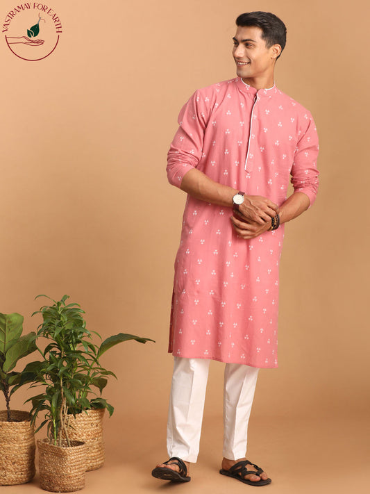 vastramay mens pink geometric booti jacquard kurta with white pant set 1