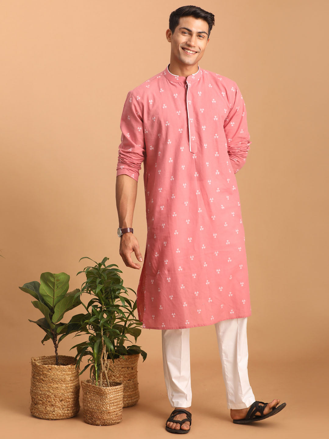 vastramay mens pink geometric booti jacquard kurta with white pant set